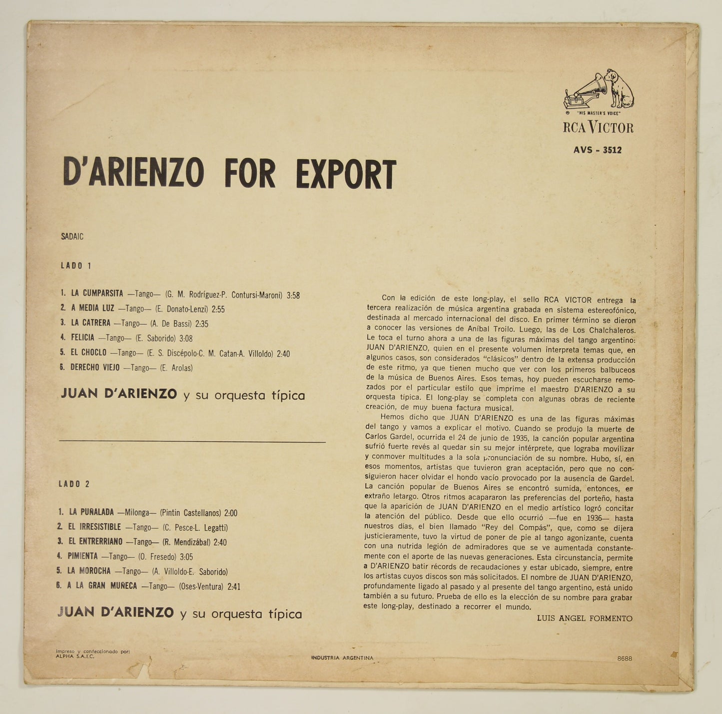 フアン・ダリエンソ JUAN D'ARIENZO / D'ARIENZO FOR EXPORT
