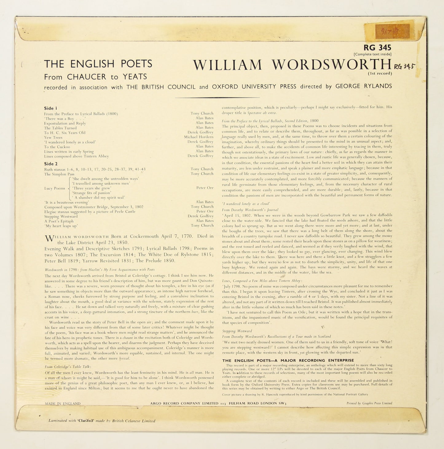 ALAN BATES他 / WORDSWORTH,RECORD ONE