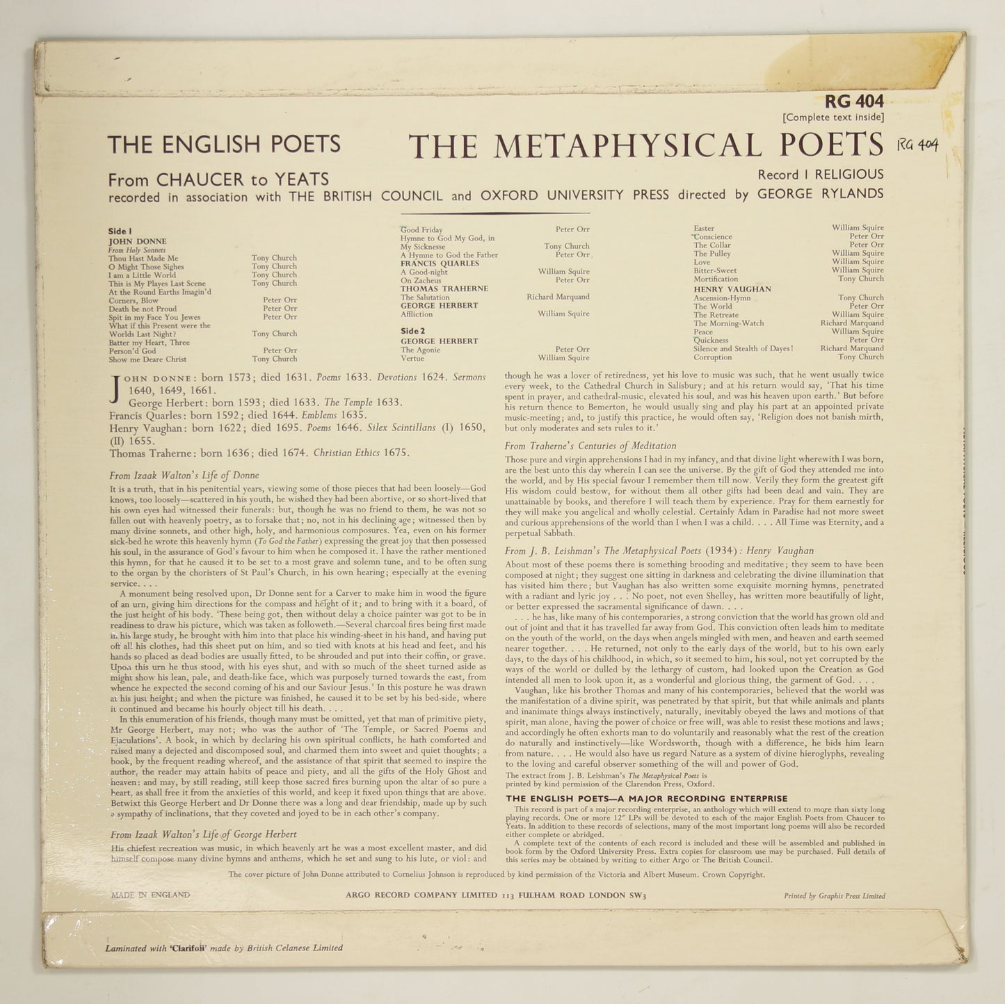 WILLIAM SQUIRE 他 / THE METAPHYSICAL POETS, RECORD I: RELIGIOUS