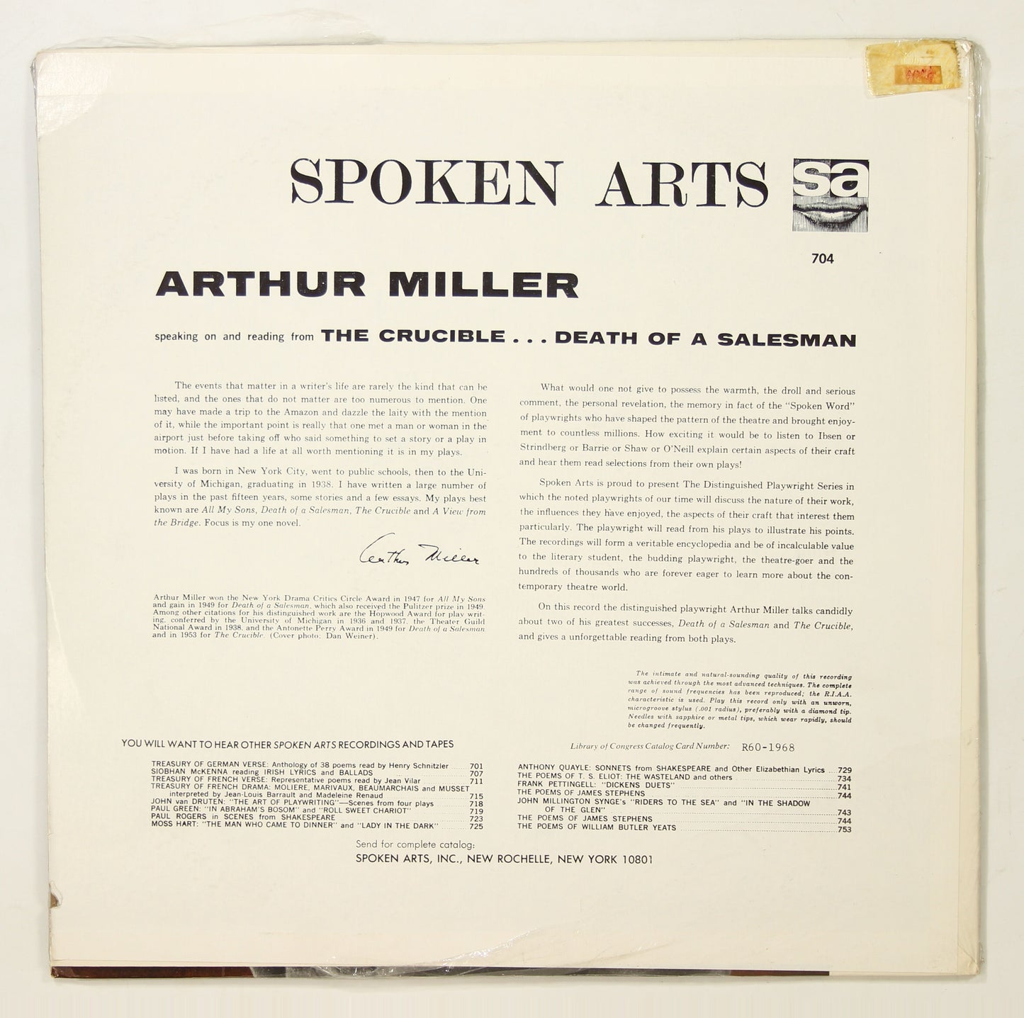 ARTHUR MILLER / SPEAKING ON AND READING FROM THE CRUCIBLE AND DEATH OF A SALESMAN