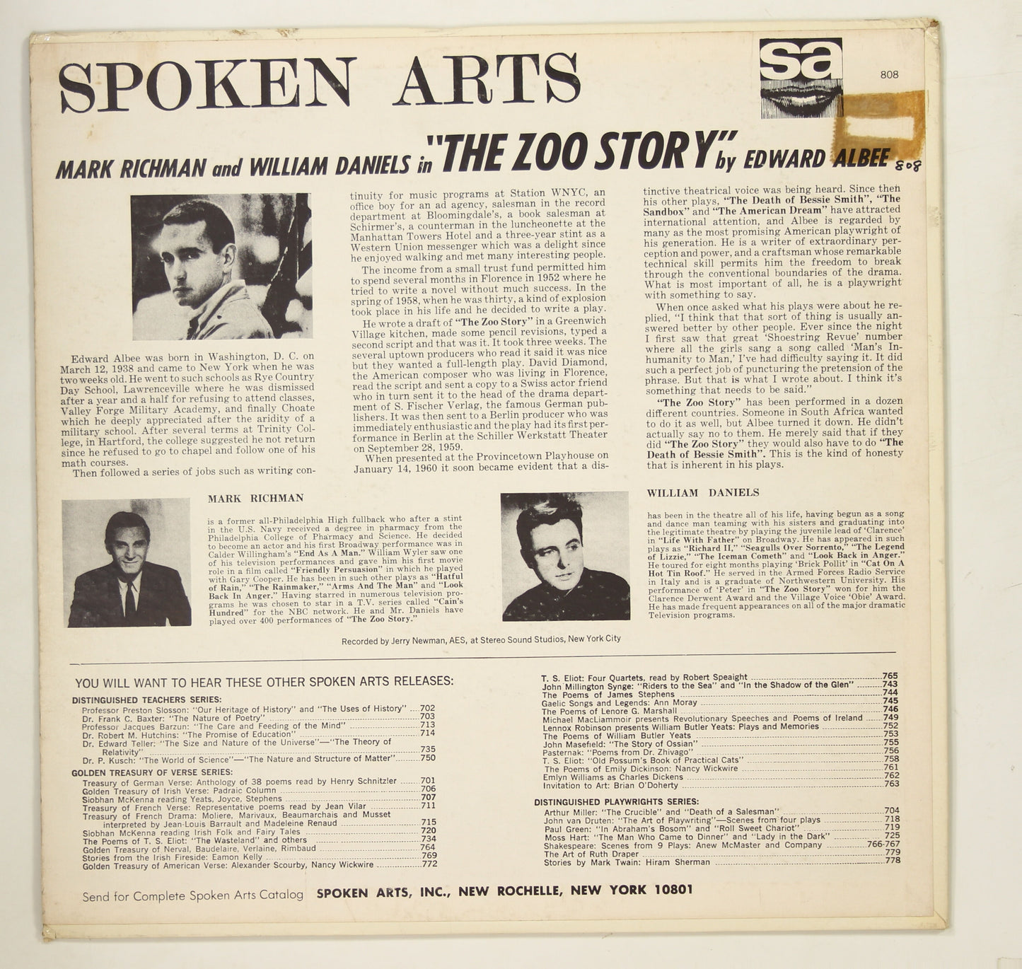 MARK RICHMAN, WILLIAM DANIELS / ZOO STORY BY EDWARD ALBEE
