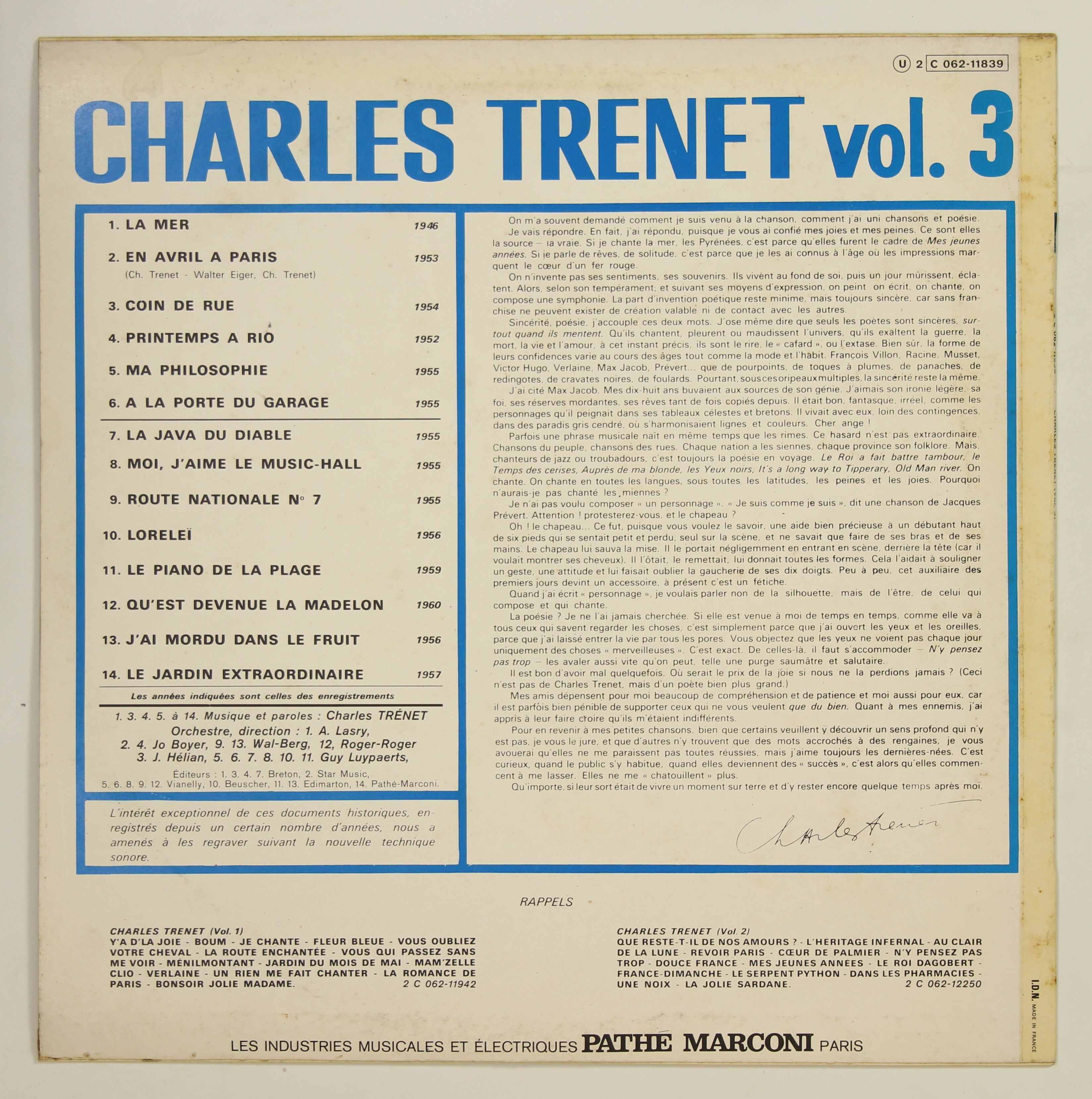 シャルル・トレネ CHARLES TRENET / VOLUME 3 – かすみレコード