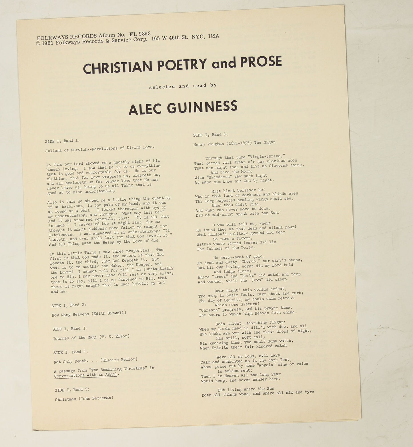 ALEC GUINNESS / READS SPIRITUAL AND RELIGIOUS POETRY AND PROSE