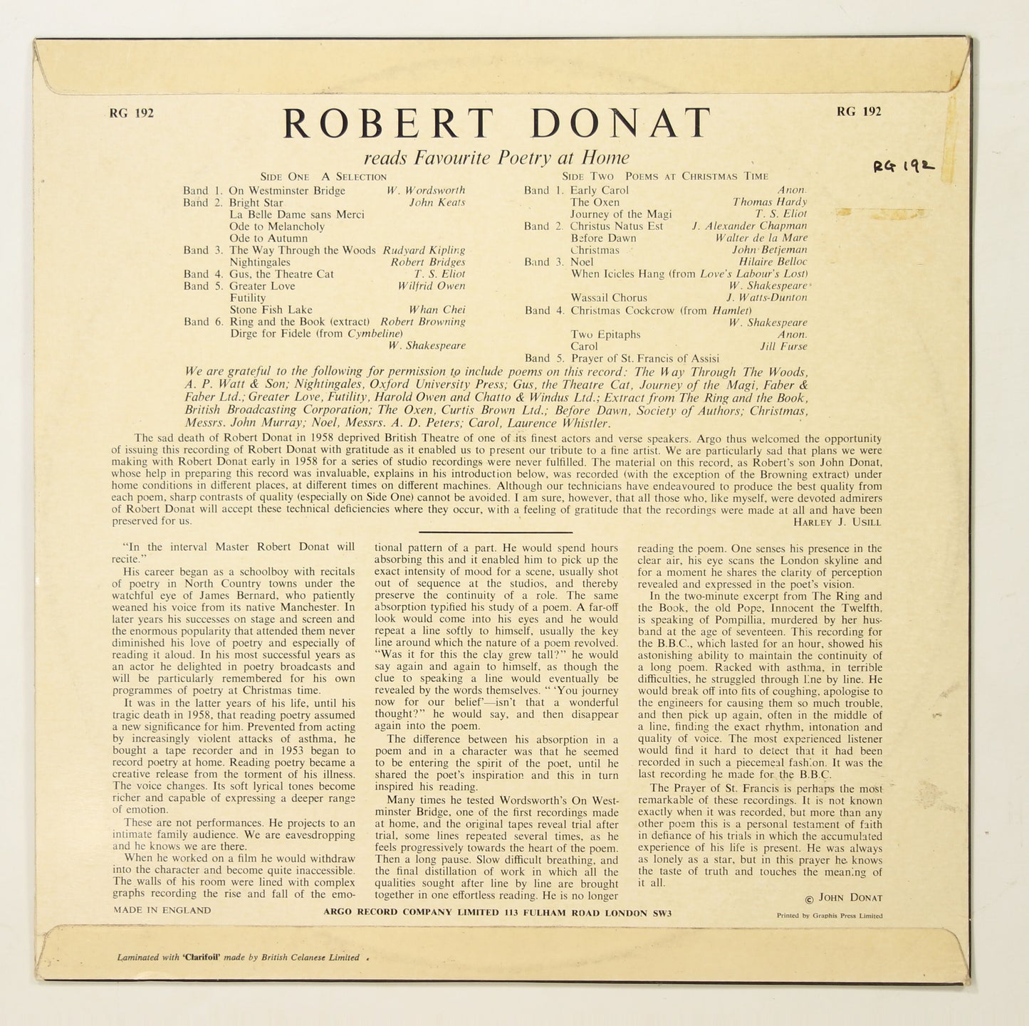 ROBERT DONAT / FAVOURITE POEMS READ AT HOME BY ROBERT DONAT