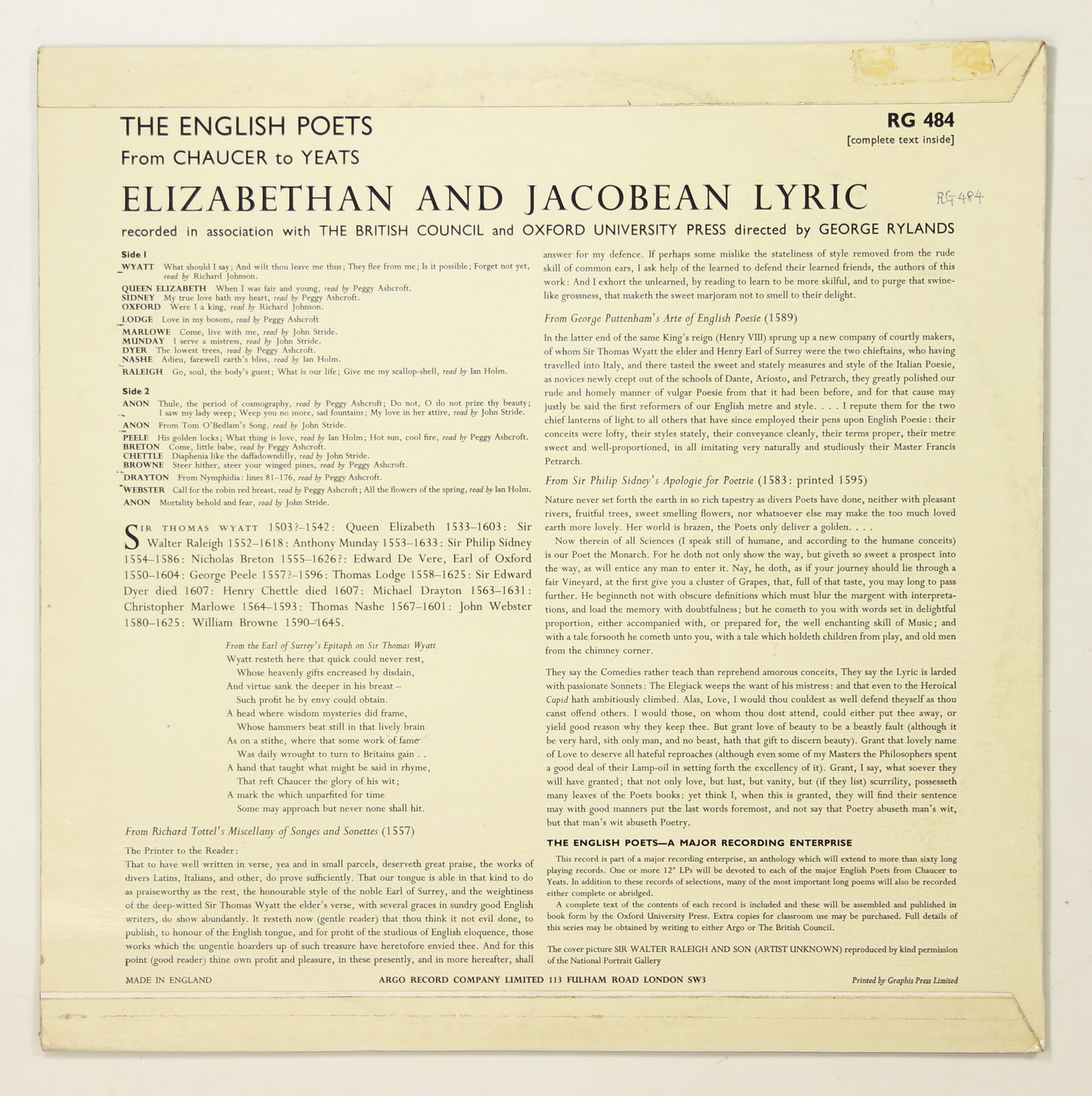 PEGGY ASHCROFT, IAN HOLM他 / ELIZABETHAN AND JACOBEAN LYRICS