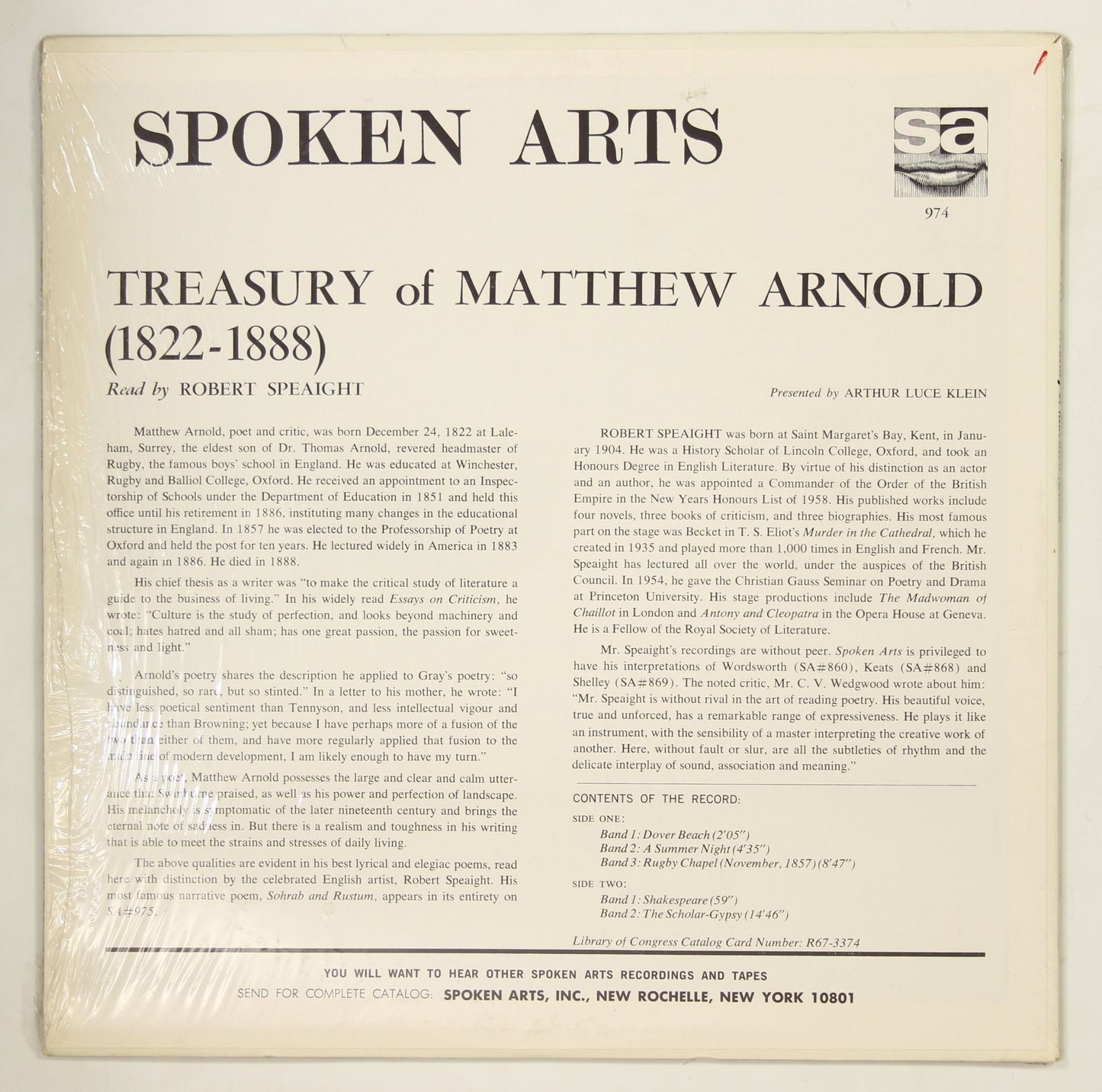 ROBERT SPEAIGHT / TREASURY OF MATTHEW ARNOLD